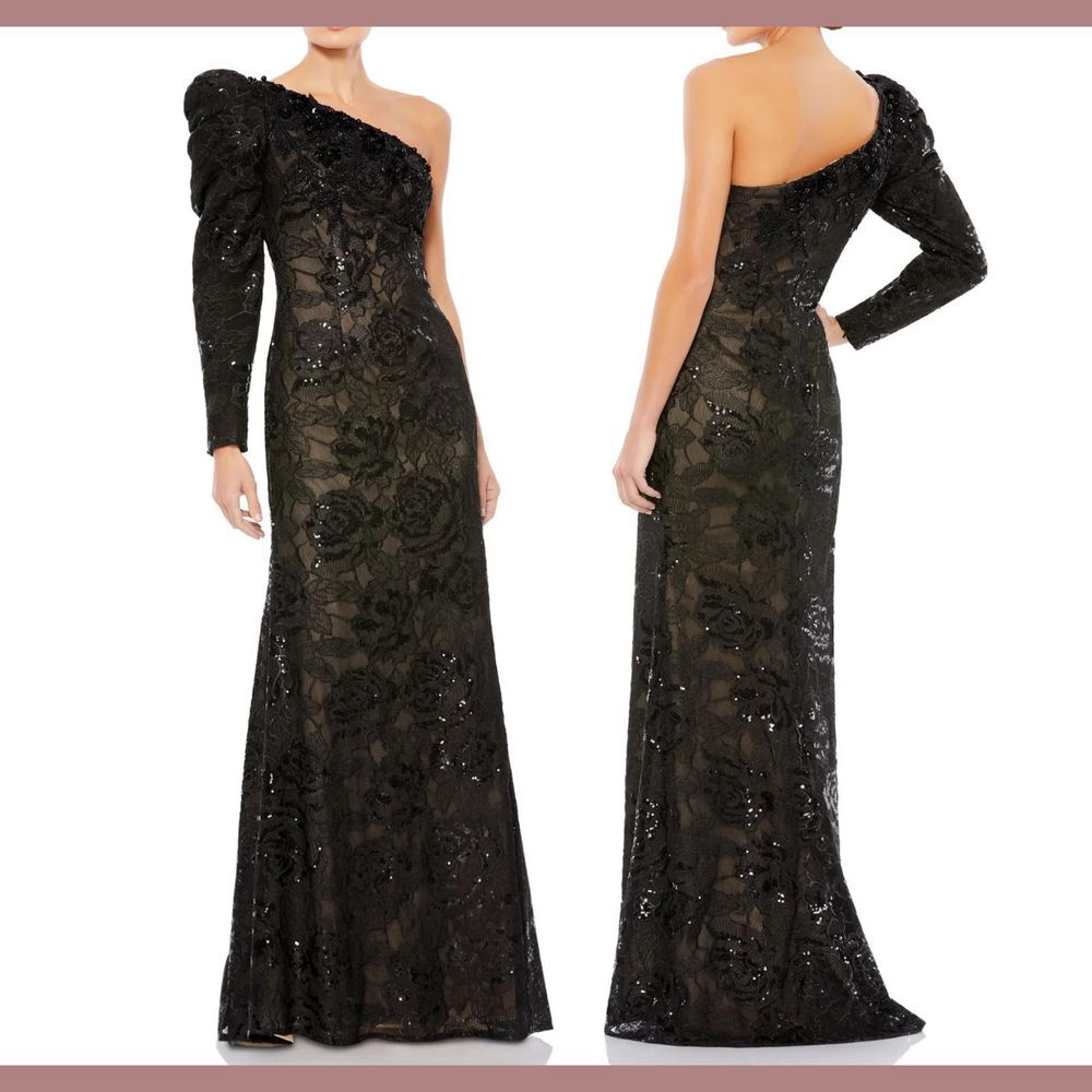 NWT‎ $698 Mac Duggal [ 14 ] Embellished One Puff Sleeve Trumpet Gown Black G1677